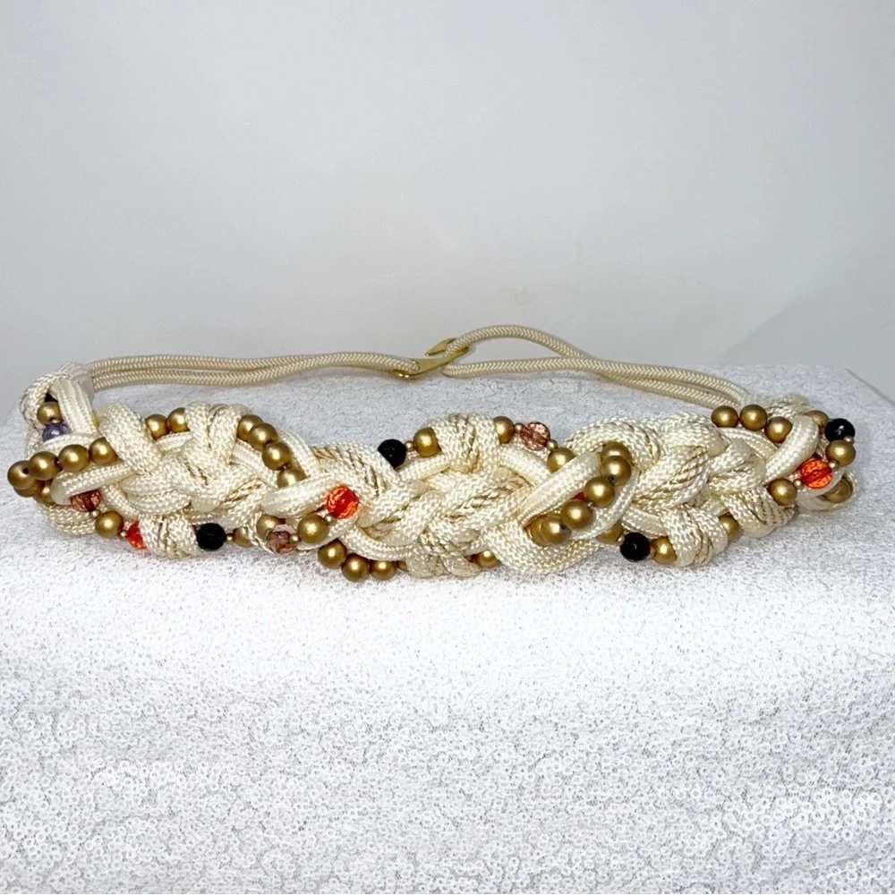 Vintage  Braided Rope Belt with gold Beads